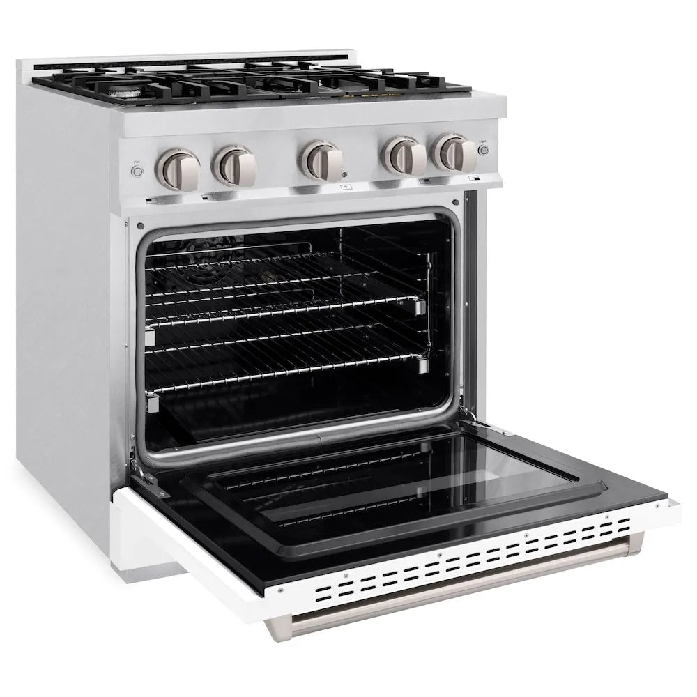 ZLINE Classic 30-inch range in satin stainless steel with white matte door CGRS-WM-30, door open