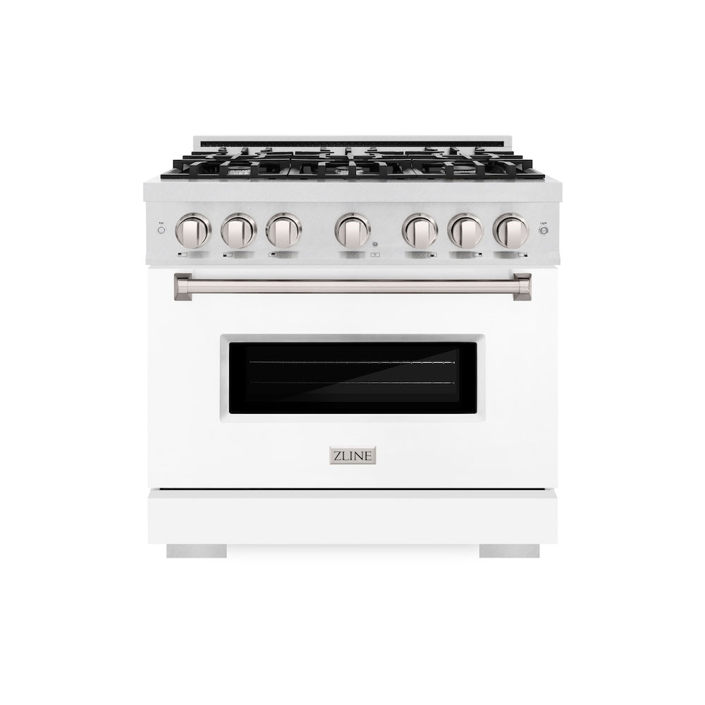 ZLINE Classic 36-inch range in satin stainless steel with white matte door CGRS-WM-36, front view