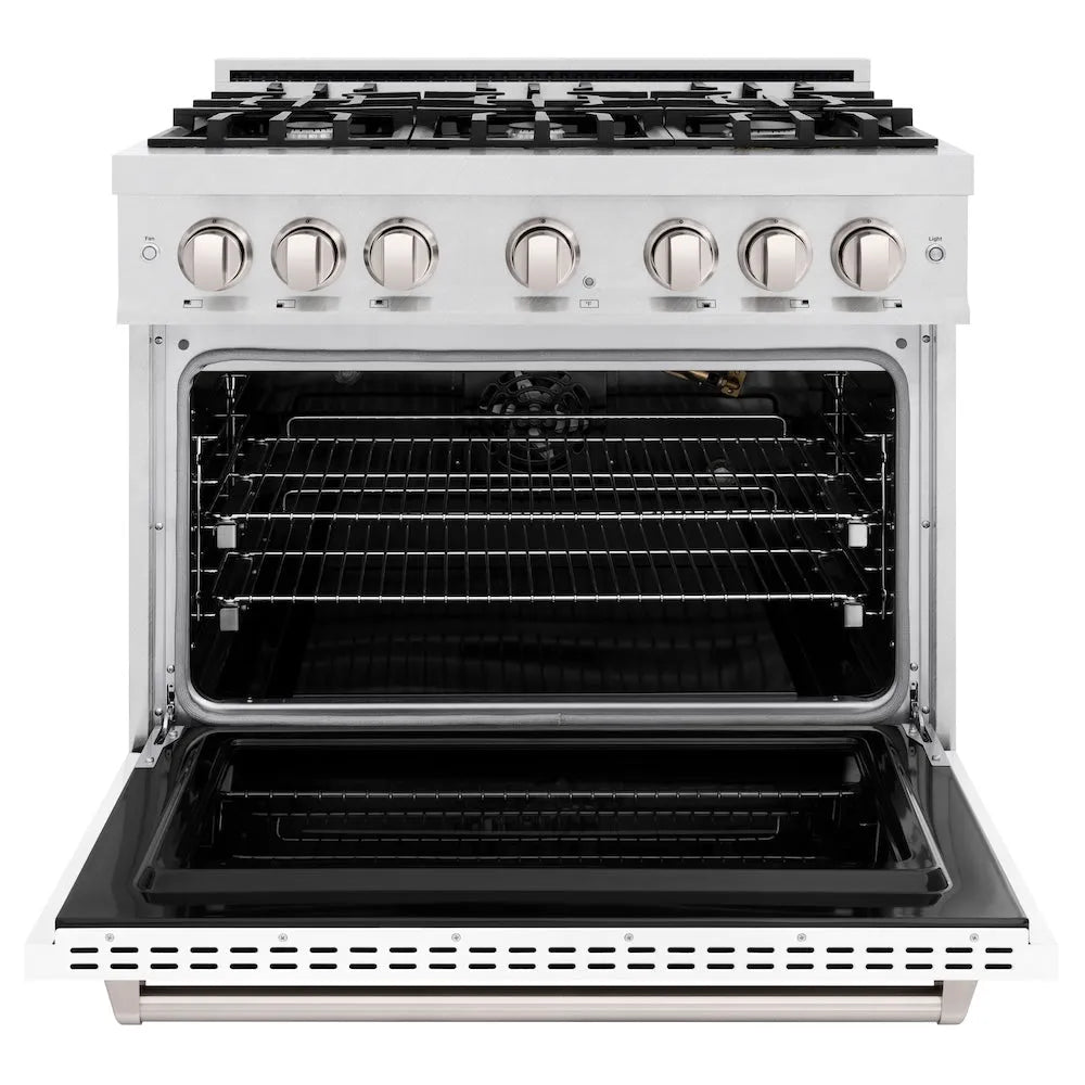 ZLINE Classic 36-inch range in satin stainless steel with white matte door CGRS-WM-36, front view