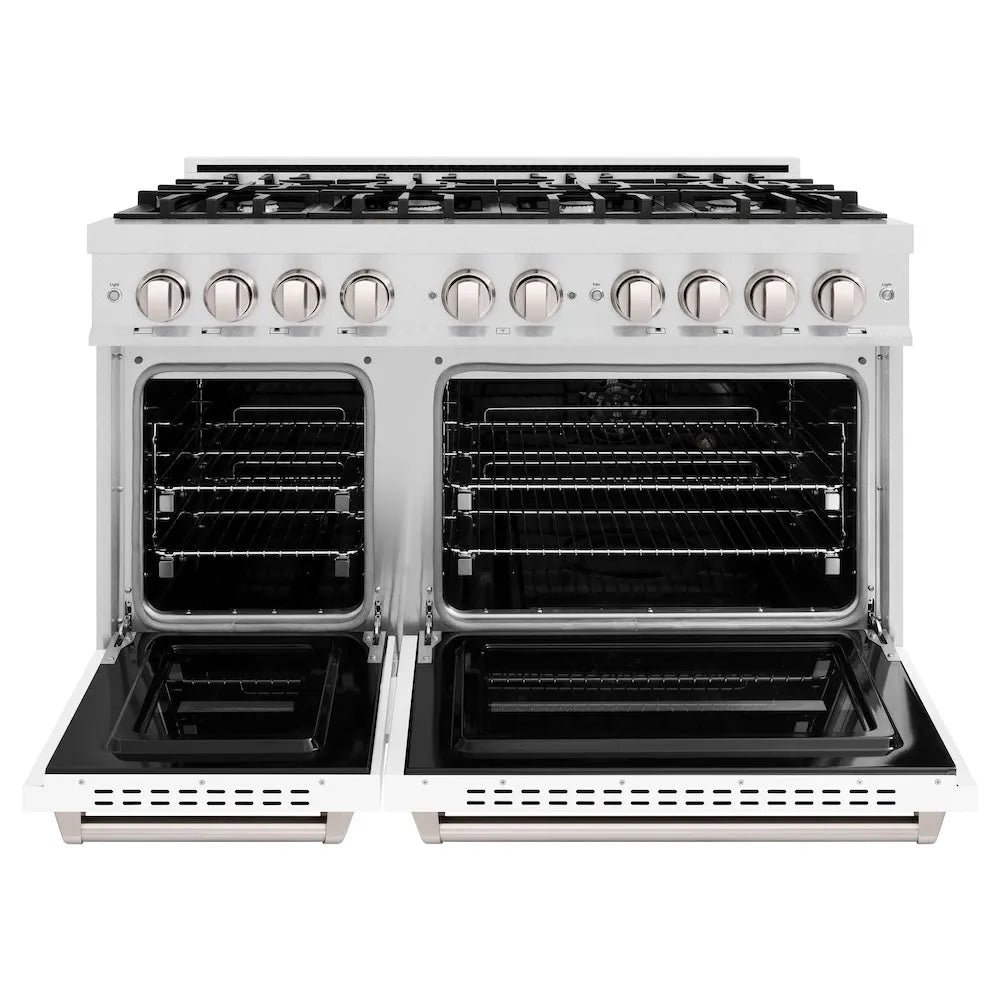 ZLINE Classic 48-inch range in satin stainless steel with white matte door CGRS-WM-48, front view