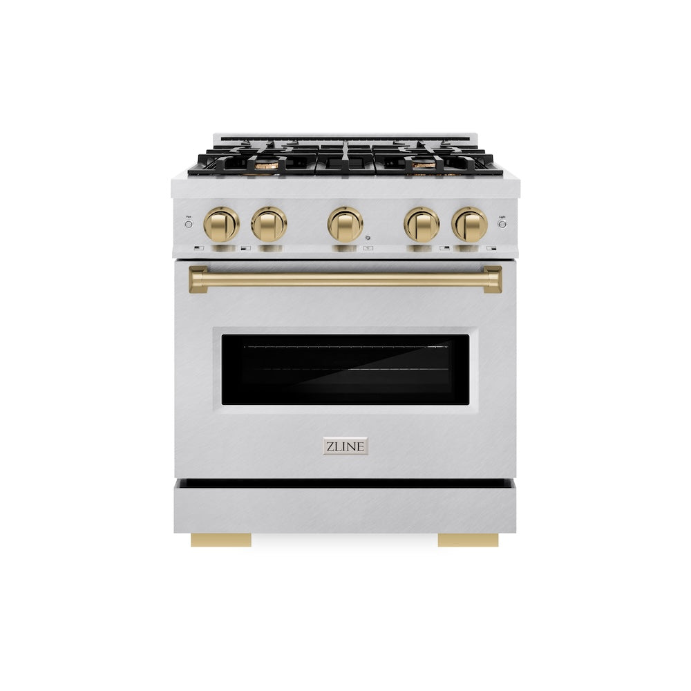 ZLINE Autograph Edition Classic 30-inch range in satin stainless steel and champagne bronze accents CGRSZ-30-CB, front view
