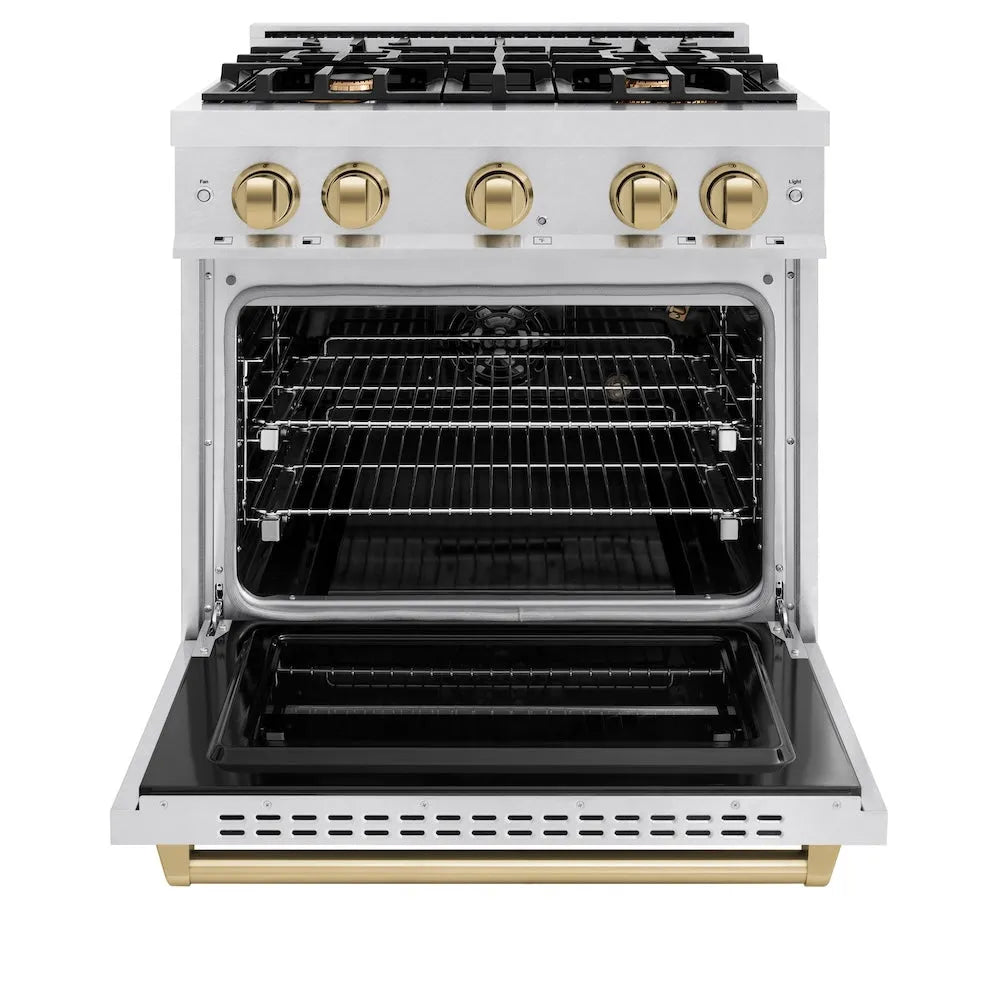 ZLINE Autograph Edition Classic 30-inch range in satin stainless steel and champagne bronze accents CGRSZ-30-CB, front view