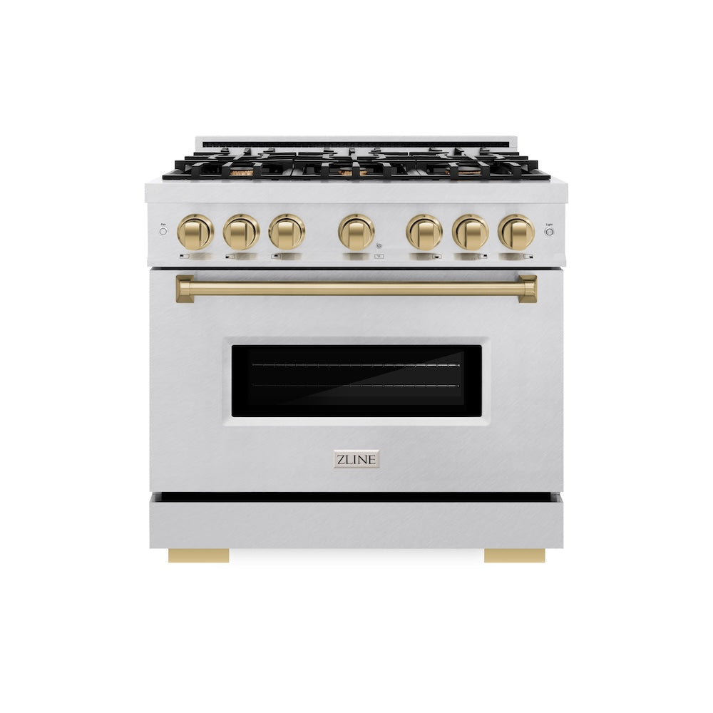 ZLINE Autograph Edition Classic 36-inch range in satin stainless steel and champagne bronze accents CGRSZ-36-CB, front view