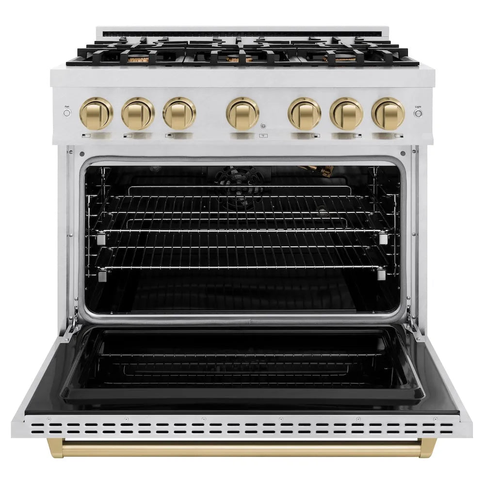 ZLINE Autograph Edition Classic 36-inch range in satin stainless steel and champagne bronze accents CGRSZ-36-CB, front view