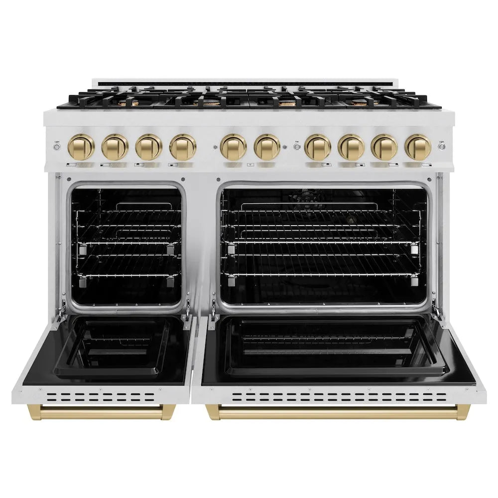 ZLINE Autograph Edition Classic 48-inch range in satin stainless steel and champagne bronze accents CGRSZ-48-CB, front view