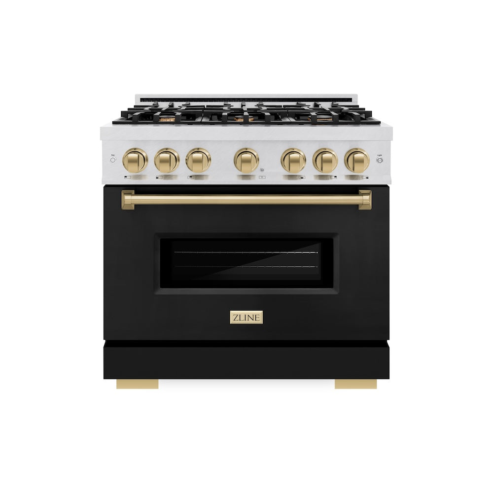 ZLINE Autograph Edition Classic 36-inch range in satin stainless steel with black matte door and champagne bronze accents CGRSZ-BLM-36-CB, front view
