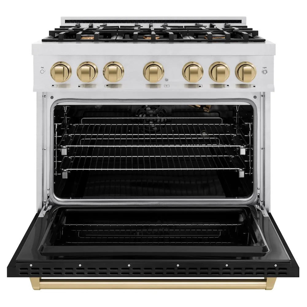 ZLINE Autograph Edition Classic 36-inch range in satin stainless steel with black matte door and champagne bronze accents CGRSZ-BLM-36-CB, front view