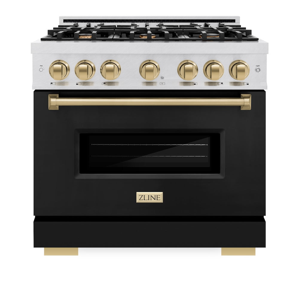 ZLINE Autograph Edition Classic 36-inch range in satin stainless steel with black matte door and champagne bronze accents CGRSZ-BLM-36-CB, front view