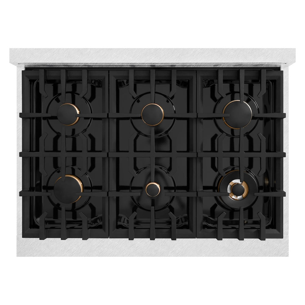 ZLINE Autograph Edition Classic 36-inch range in satin stainless steel with black matte door and champagne bronze accents CGRSZ-BLM-36-CB, from above
