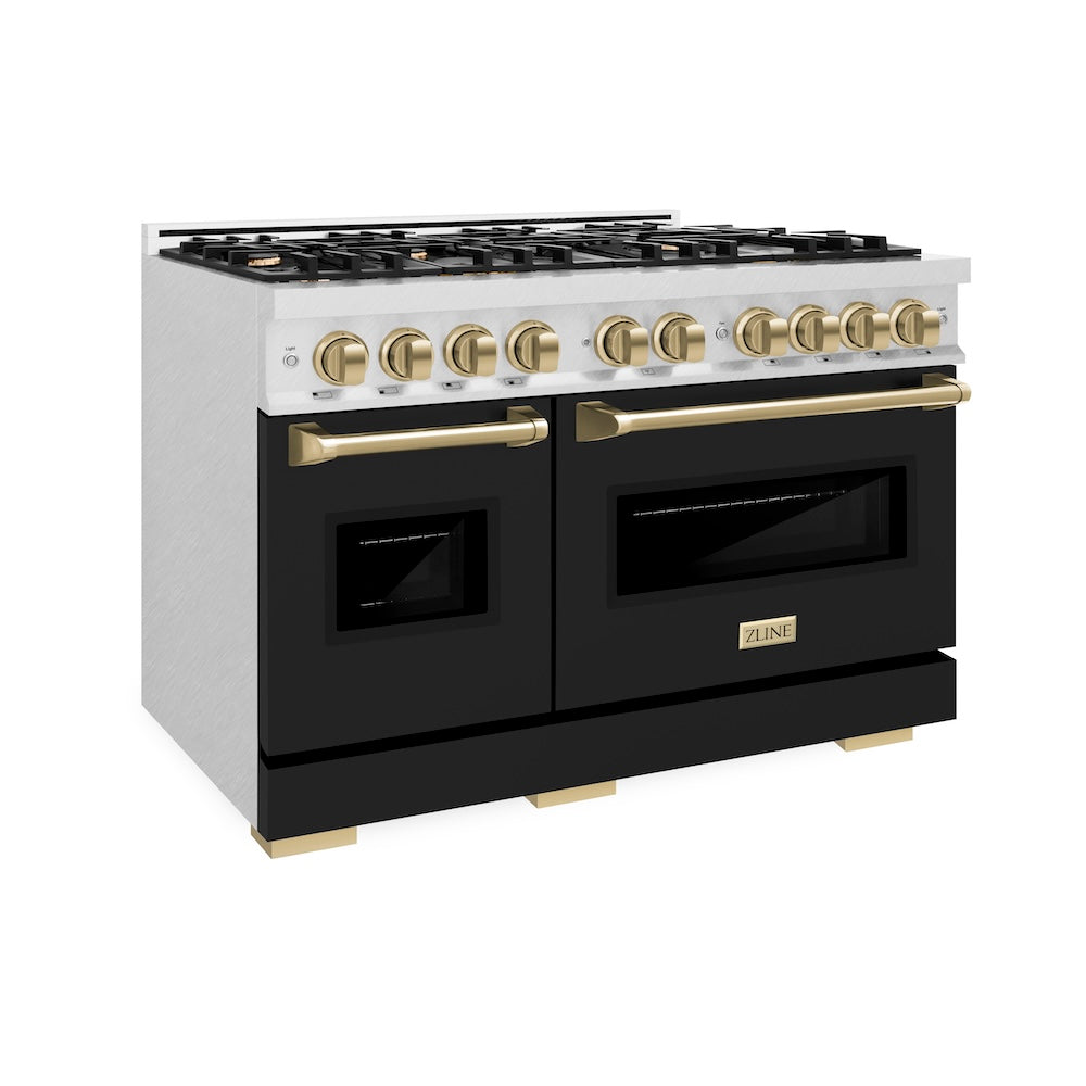 ZLINE Autograph Edition Classic 48-inch range in satin stainless steel with black matte door and champagne bronze accents CGRSZ-BLM-48-CB