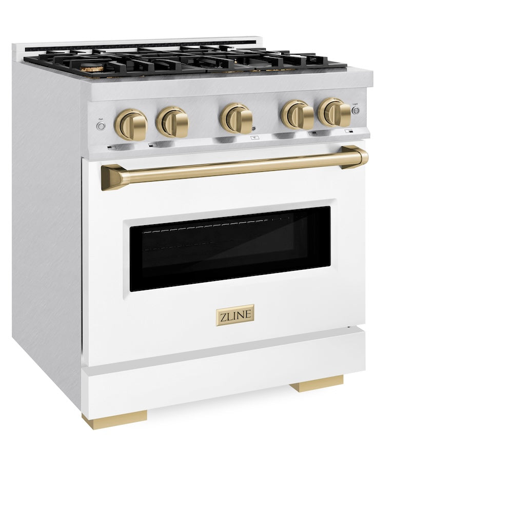 ZLINE Autograph Edition Classic 30-inch range in satin stainless steel with white matte door and champagne bronze accents CGRSZ-WM-30-CB, view 5