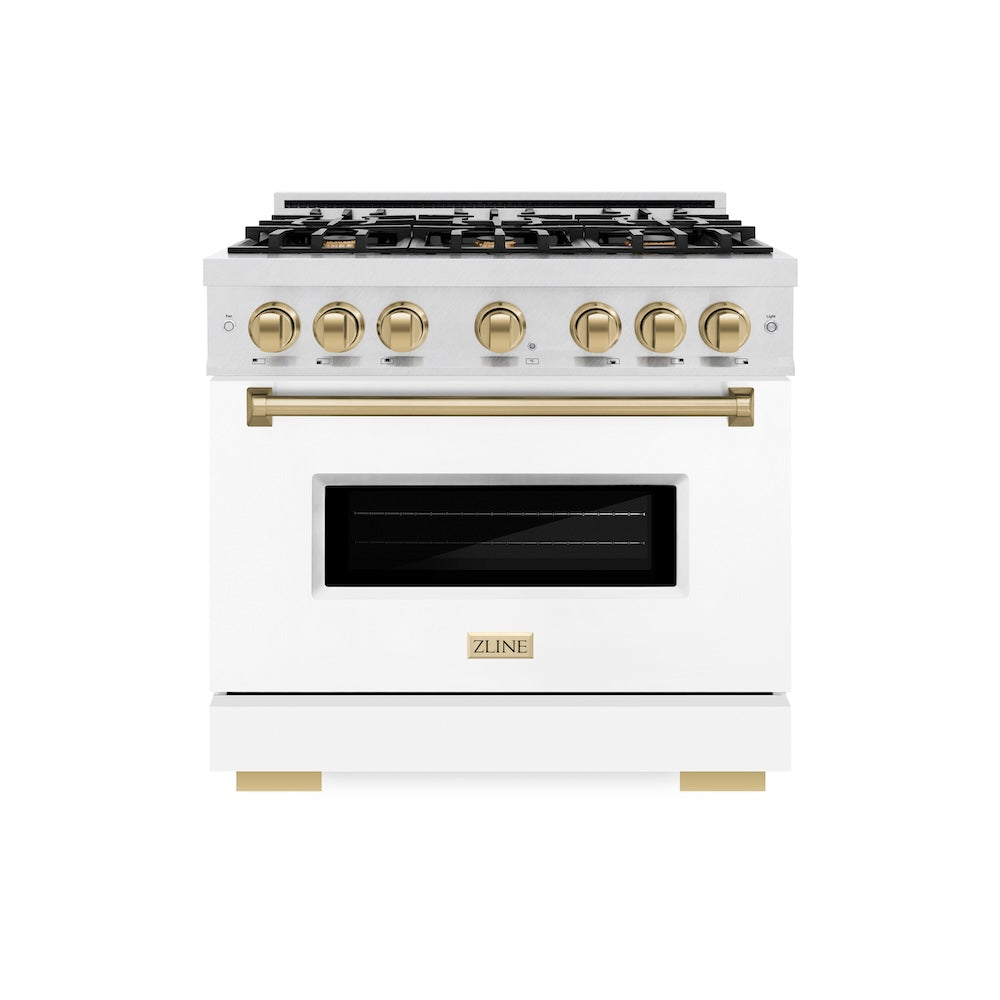 ZLINE Autograph Edition Classic 36-inch range in satin stainless steel with white matte door and champagne bronze accents CGRSZ-WM-36-CB, front view