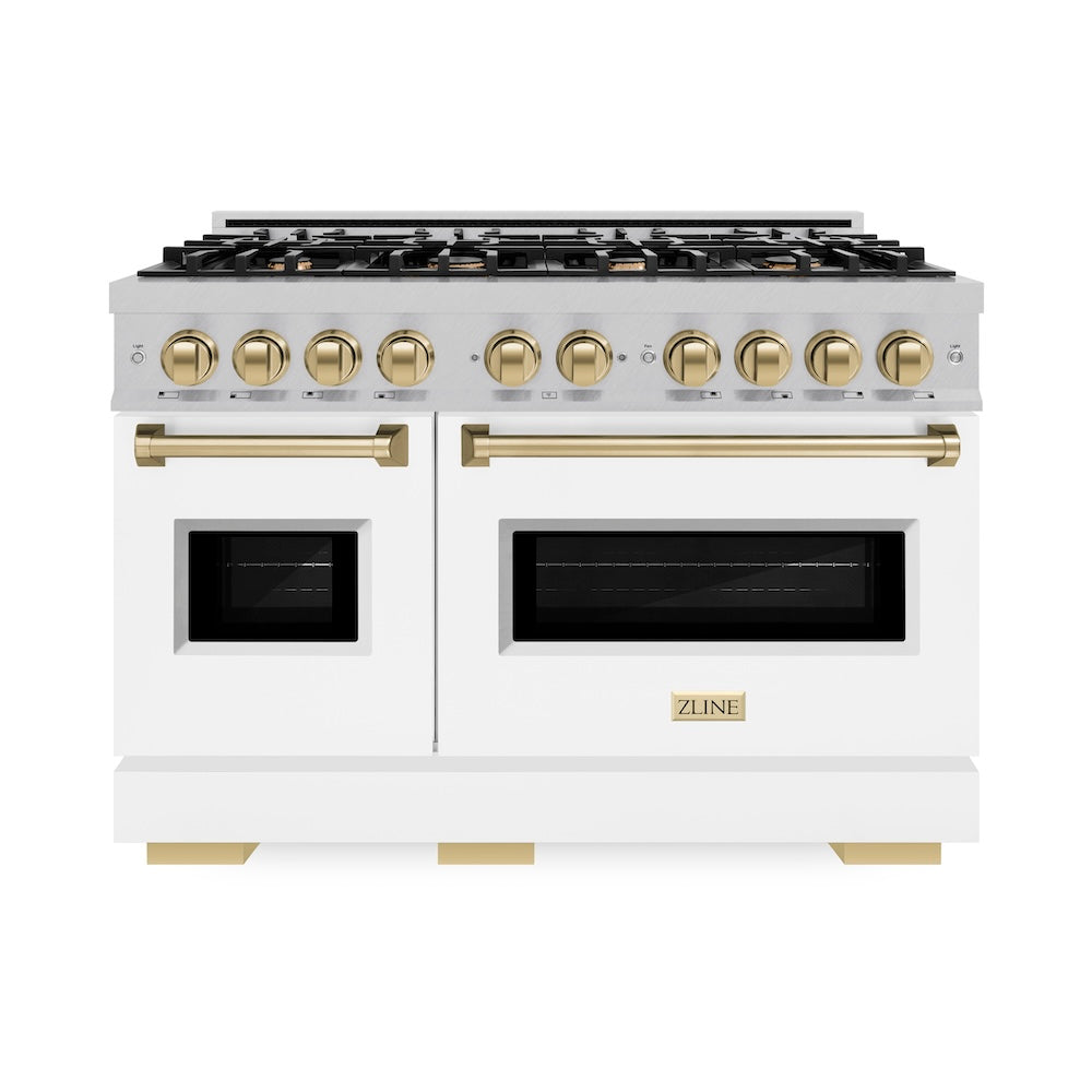 ZLINE Autograph Edition Classic 48-inch range in satin stainless steel with white matte door and champagne bronze accents CGRSZ-WM-48-CB, front view