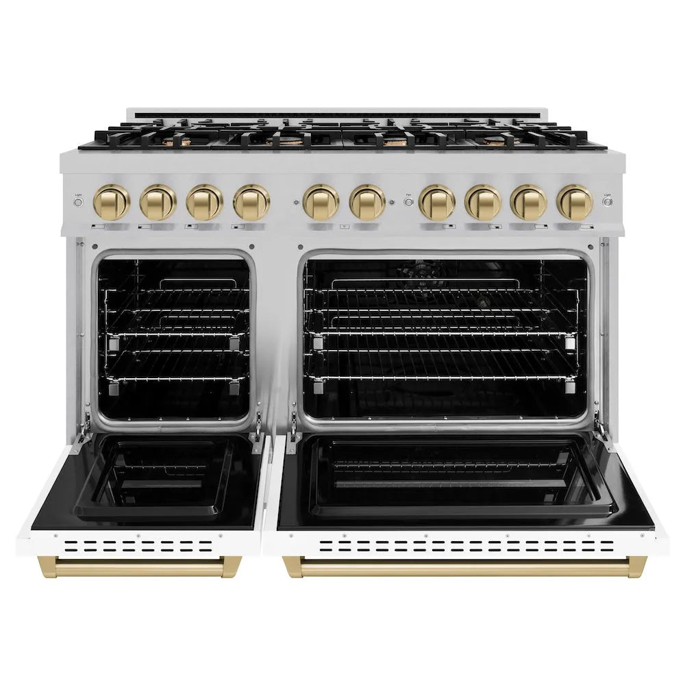 ZLINE Autograph Edition Classic 48-inch range in satin stainless steel with white matte door and champagne bronze accents CGRSZ-WM-48-CB, front view