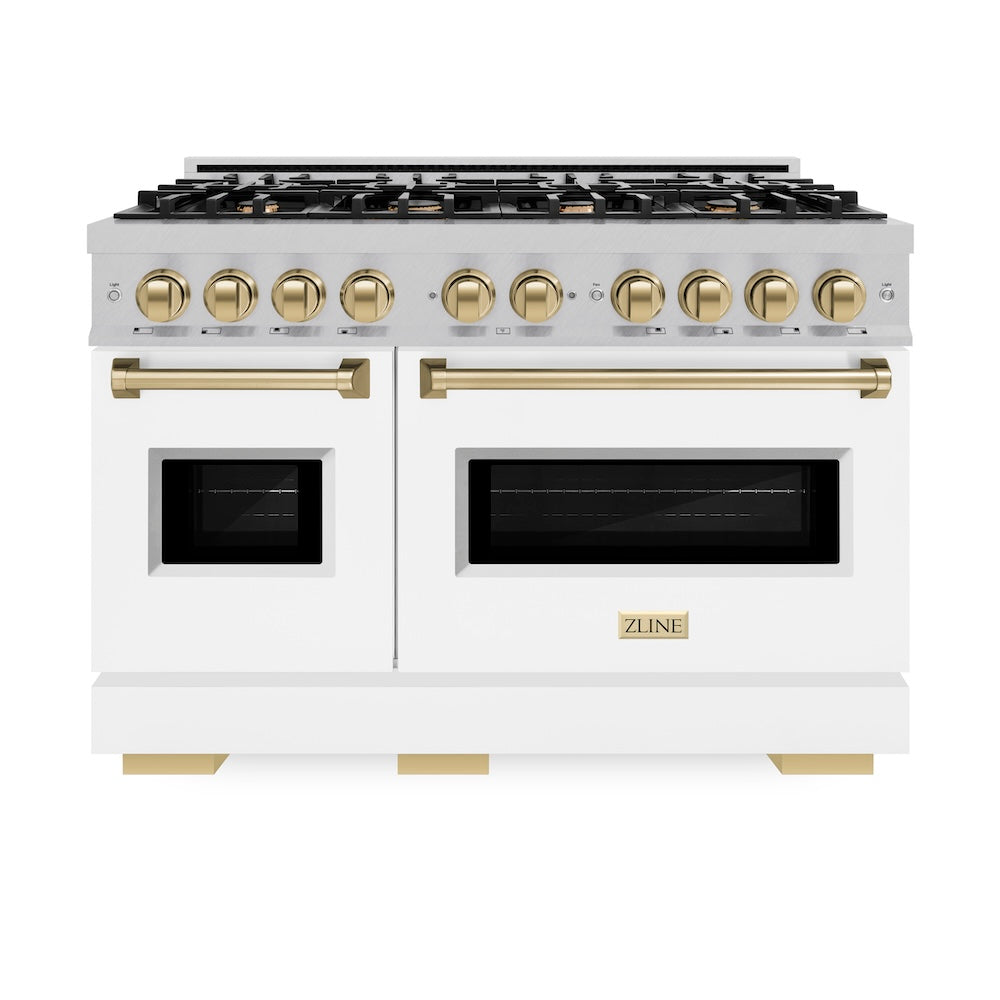 ZLINE Autograph Edition Classic 48-inch range in satin stainless steel with white matte door and champagne bronze accents CGRSZ-WM-48-CB, front view