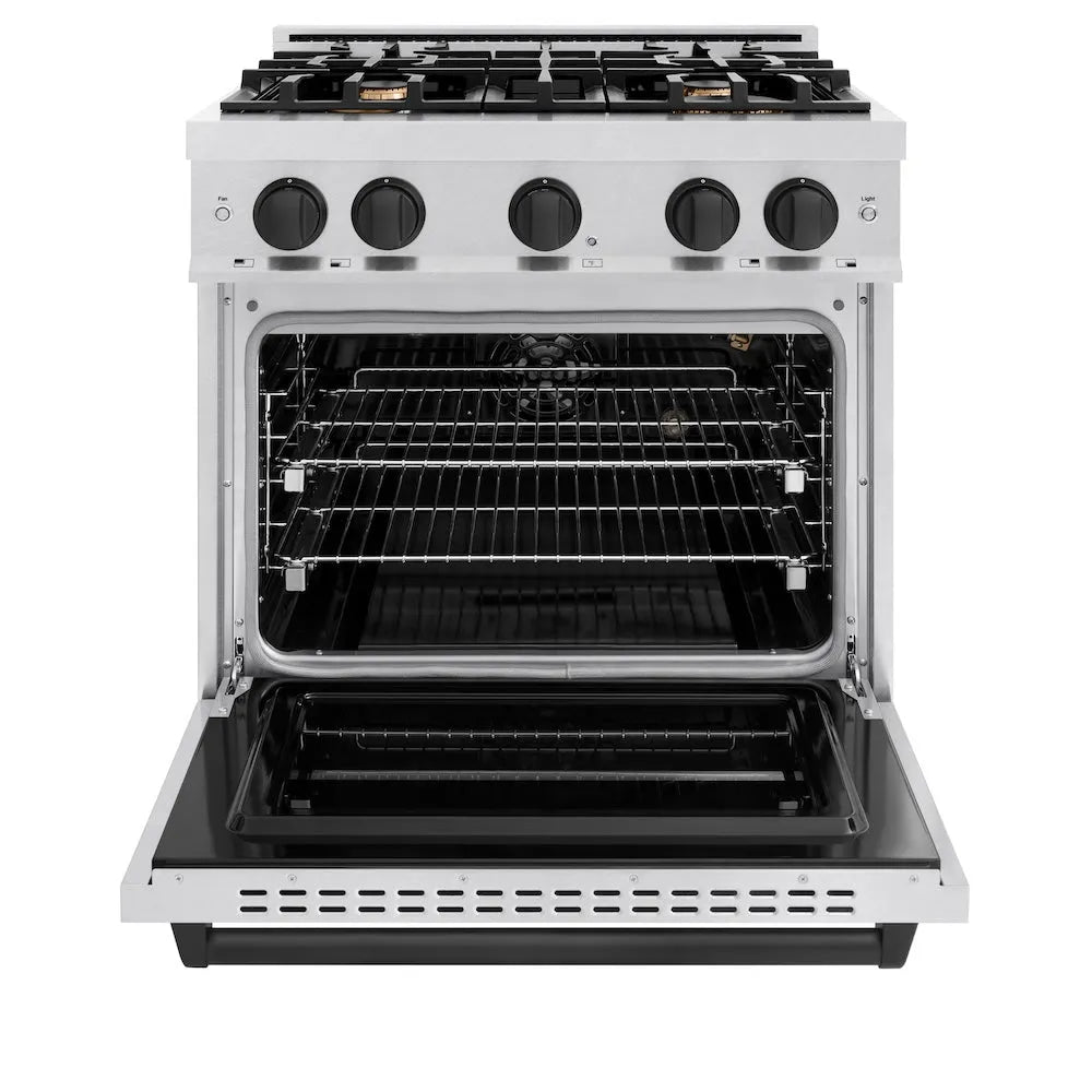 ZLINE Autograph Edition Classic 30-inch range in satin stainless steel and matte black accents CGRSZ-30-MB, front view