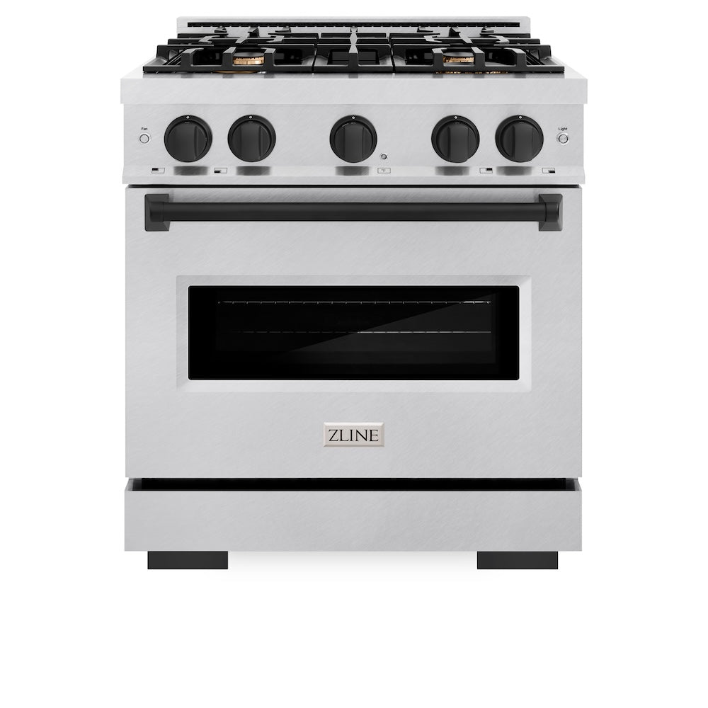 ZLINE Autograph Edition Classic 30-inch range in satin stainless steel and matte black accents CGRSZ-30-MB, front view