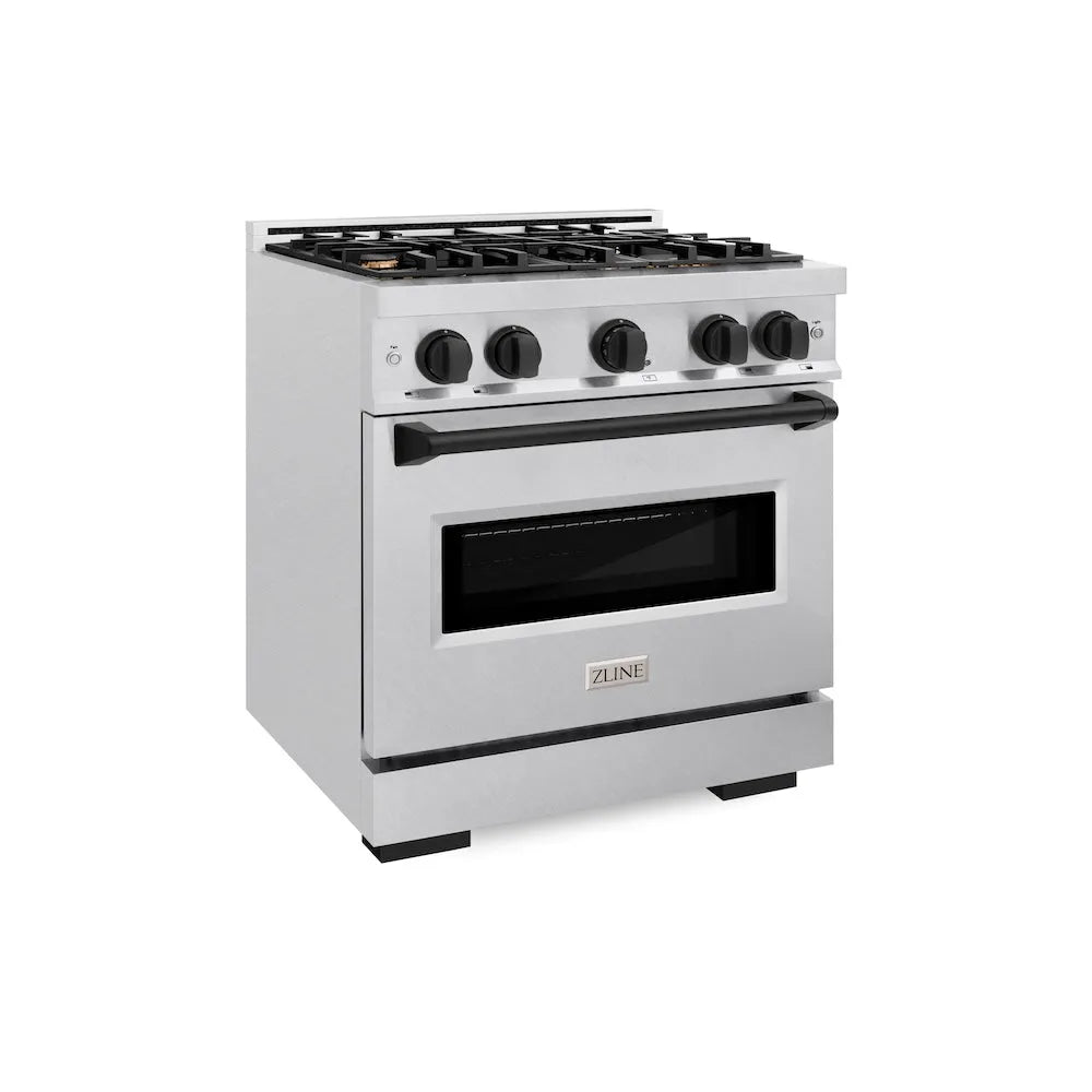 ZLINE Autograph Edition Classic 30-inch range in satin stainless steel and matte black accents CGRSZ-30-MB