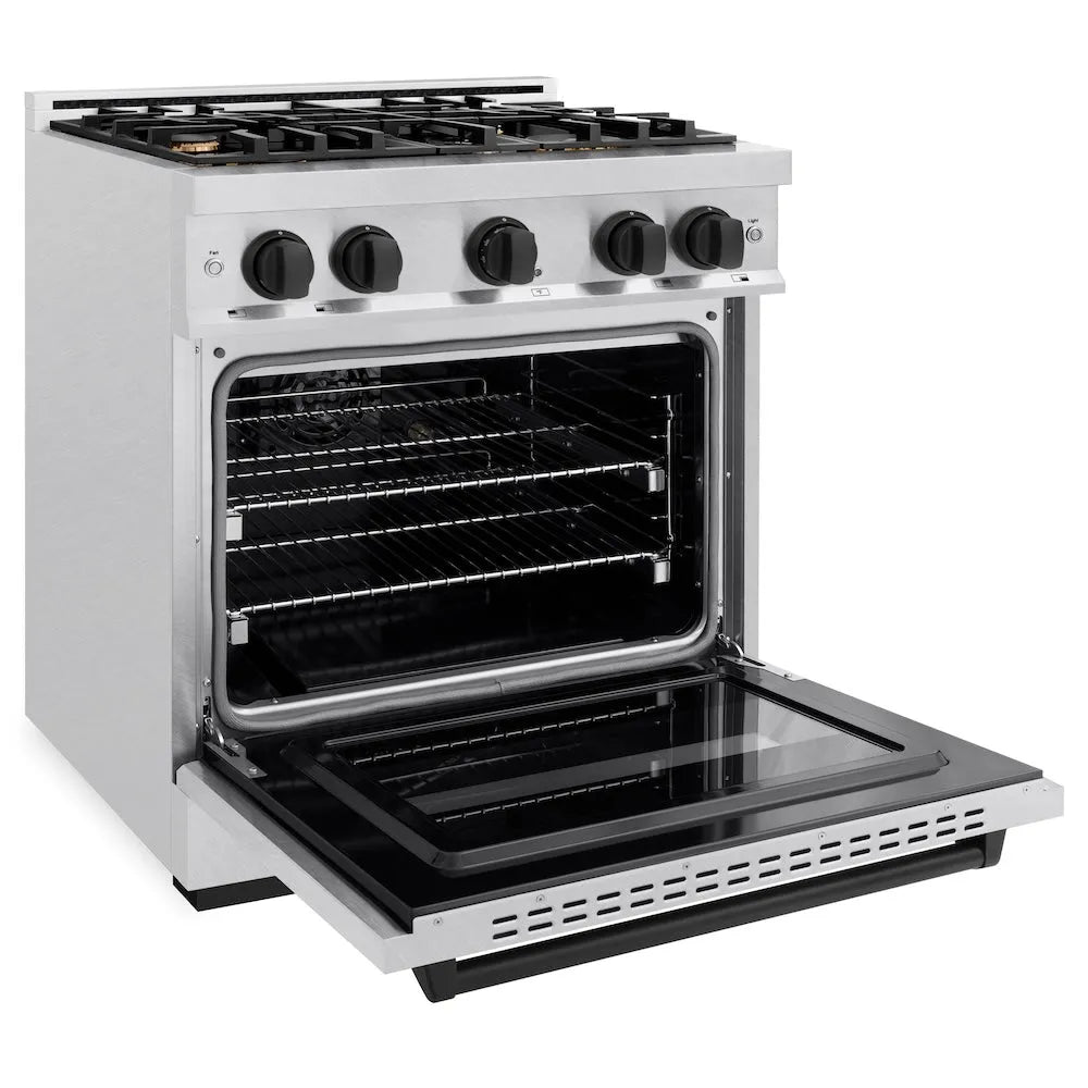ZLINE Autograph Edition Classic 30-inch range in satin stainless steel and matte black accents CGRSZ-30-MB, door open