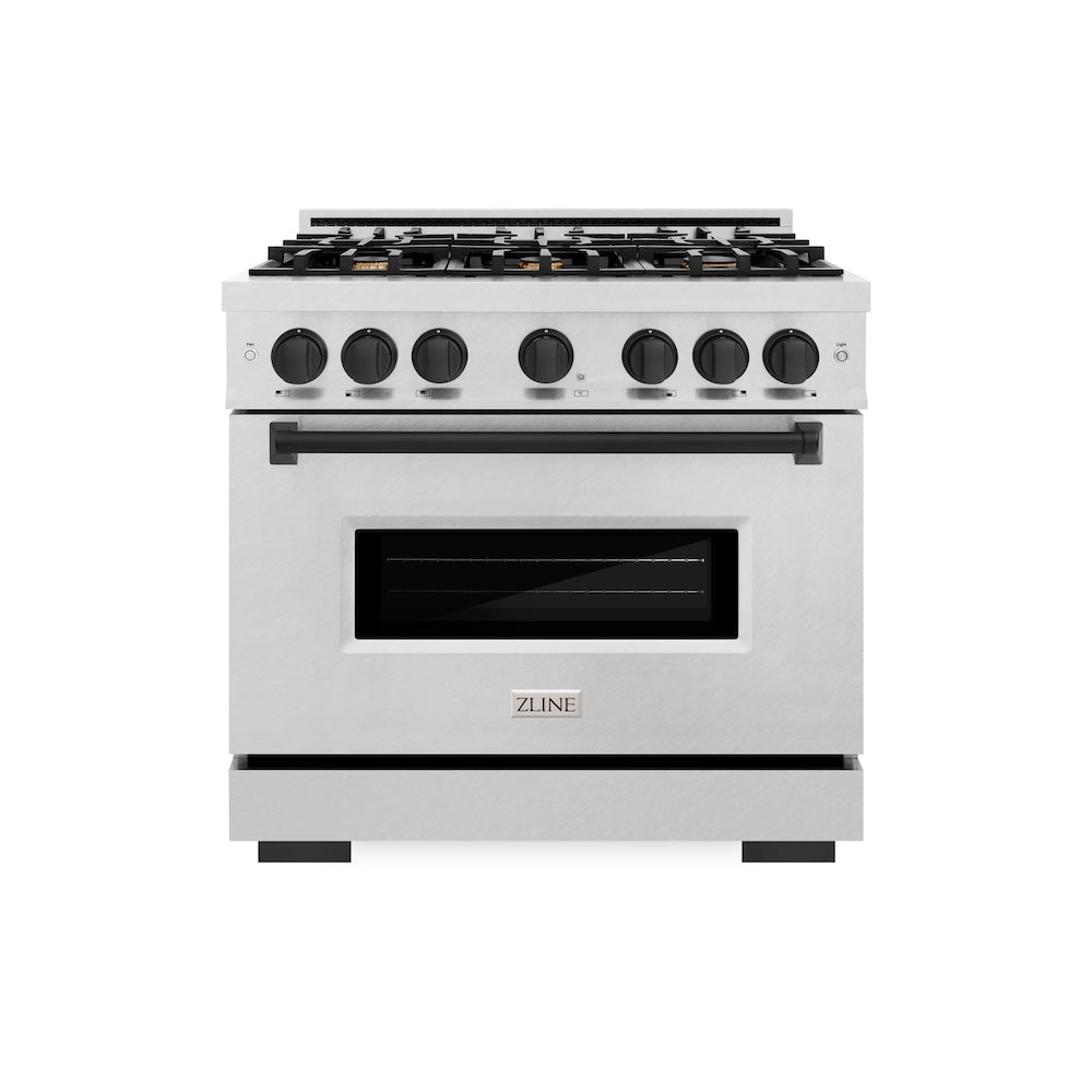 ZLINE Autograph Edition Classic 36-inch range in satin stainless steel and matte black accents CGRSZ-36-MB, front view
