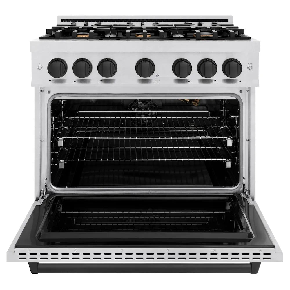 ZLINE Autograph Edition Classic 36-inch range in satin stainless steel and matte black accents CGRSZ-36-MB, front view