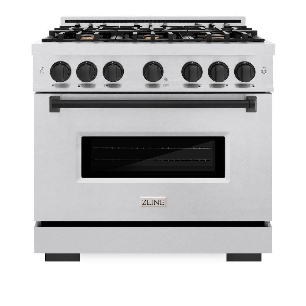 ZLINE Autograph Edition Classic 36-inch range in satin stainless steel and matte black accents CGRSZ-36-MB, front view