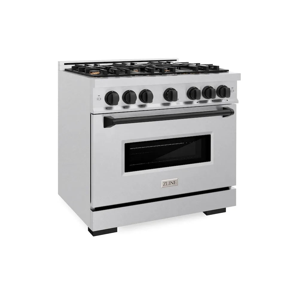 ZLINE Autograph Edition Classic 36-inch range in satin stainless steel and matte black accents CGRSZ-36-MB