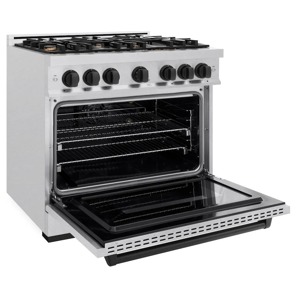 ZLINE Autograph Edition Classic 36-inch range in satin stainless steel and matte black accents CGRSZ-36-MB, door open