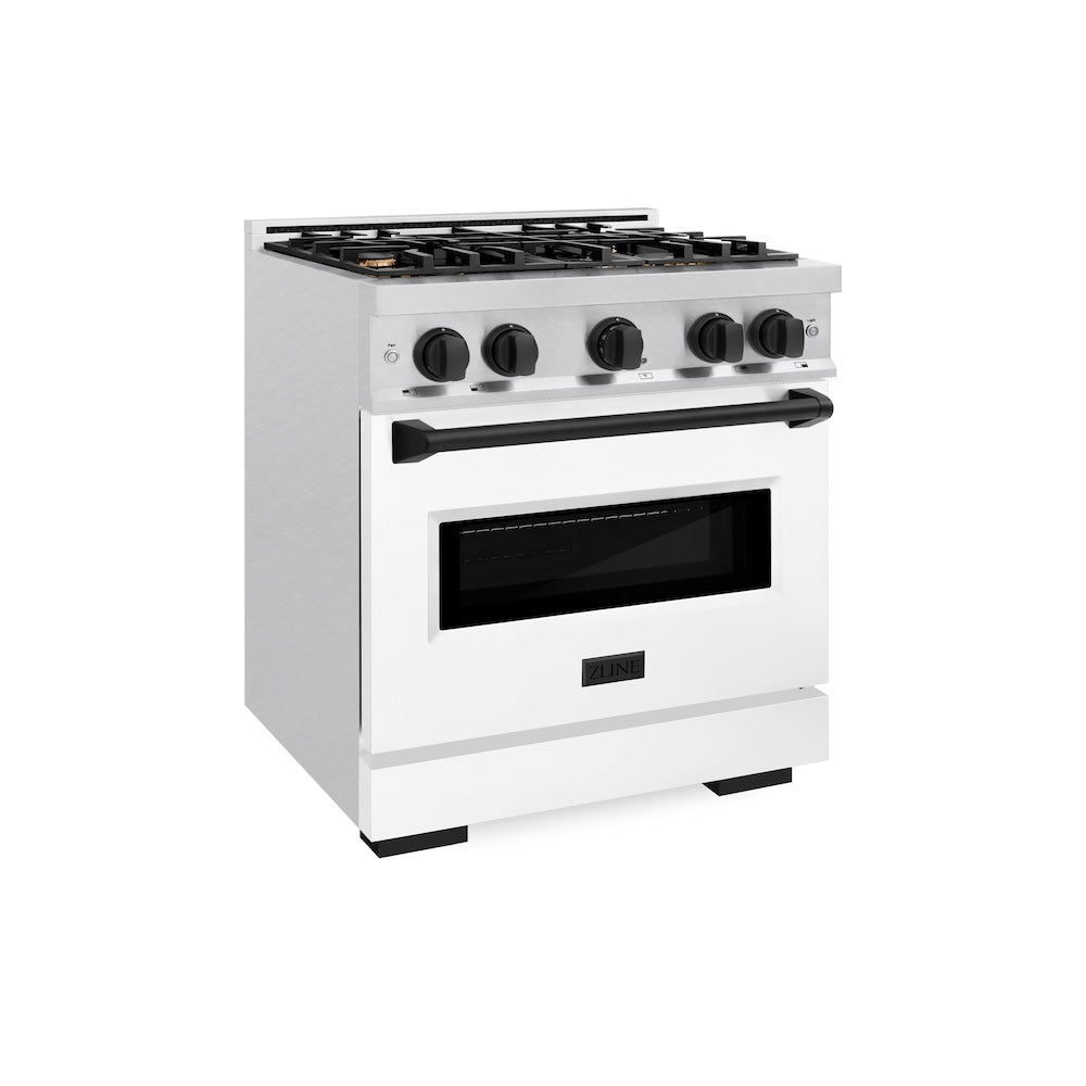 ZLINE Autograph Edition Classic 30-inch range in satin stainless steel with white matte door and matte black accents CGRSZ-WM-30-MB