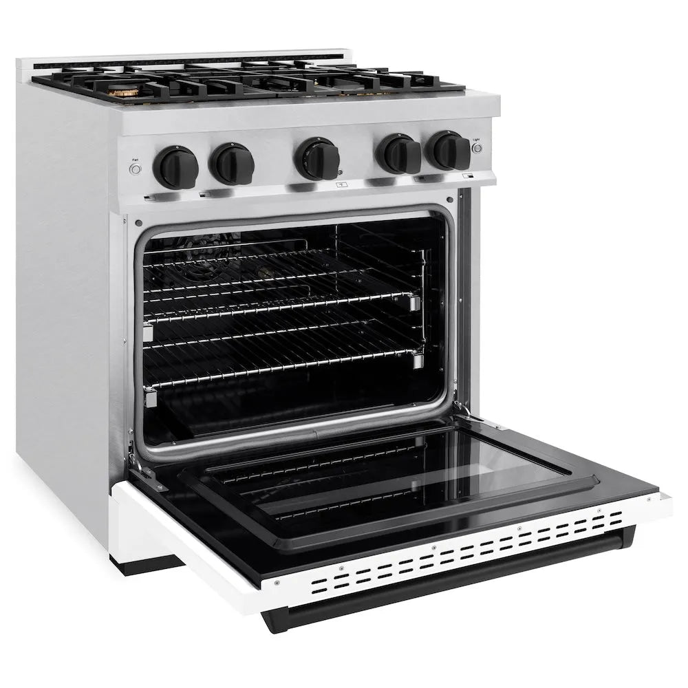 ZLINE Autograph Edition Classic 30-inch range in satin stainless steel with white matte door and matte black accents CGRSZ-WM-30-MB, door open