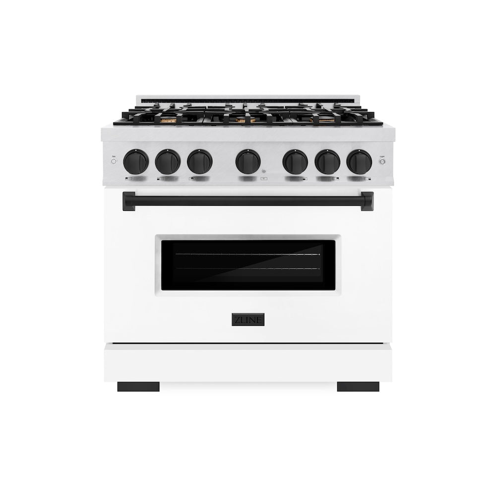 ZLINE Autograph Edition Classic 36-inch range in satin stainless steel with white matte door and matte black accents CGRSZ-WM-36-MB, front view