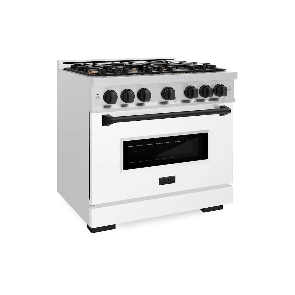 ZLINE Autograph Edition Classic 36-inch range in satin stainless steel with white matte door and matte black accents CGRSZ-WM-36-MB