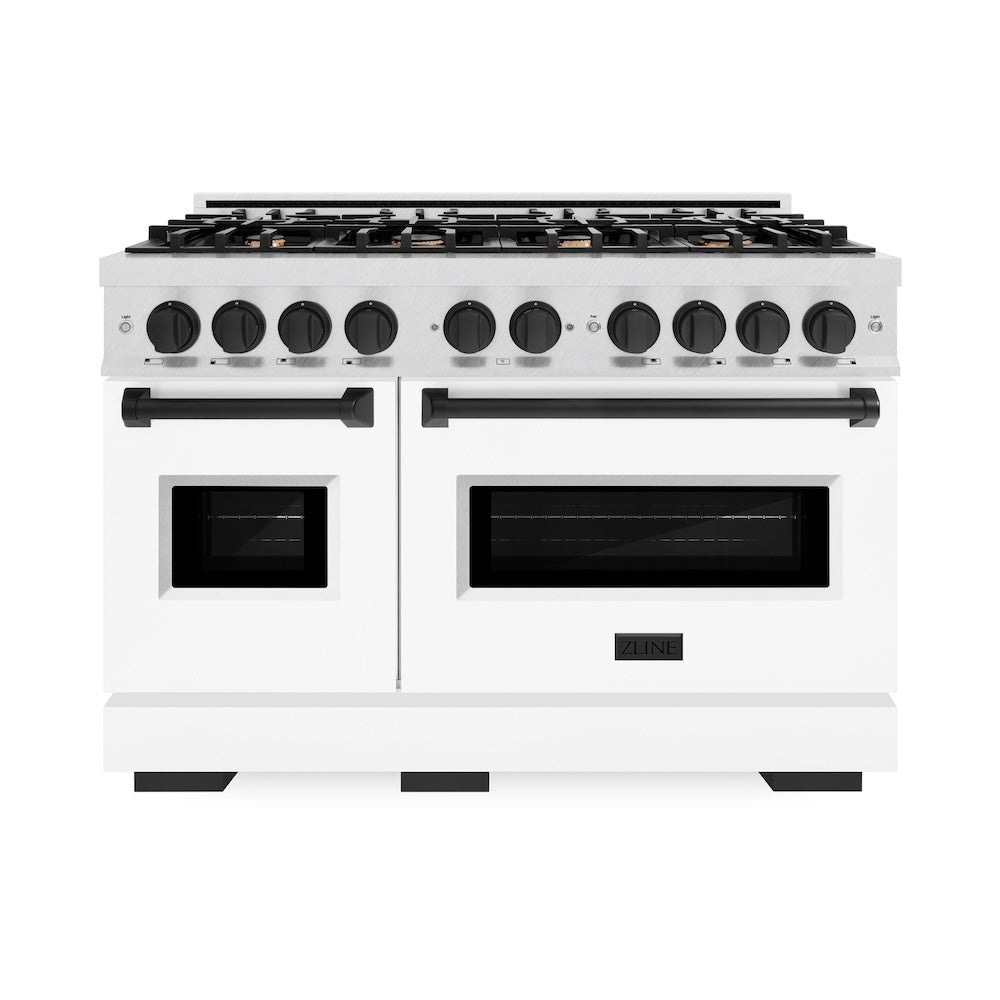 ZLINE Autograph Edition Classic 48-inch range in satin stainless steel with white matte door and matte black accents CGRSZ-WM-48-MB, front view