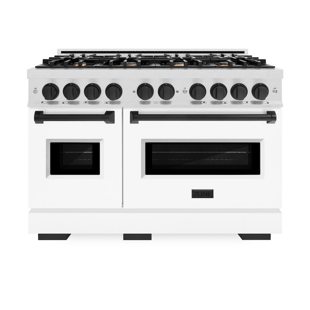 ZLINE Autograph Edition Classic 48-inch range in satin stainless steel with white matte door and matte black accents CGRSZ-WM-48-MB, front view