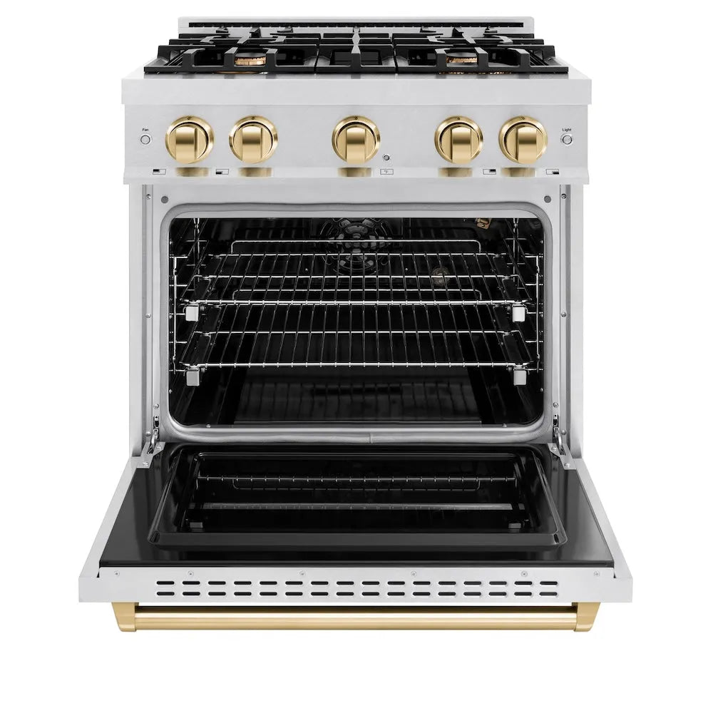 ZLINE Autograph Edition Classic 30-inch range in satin stainless steel and polished gold accents CGRSZ-30-G, front view