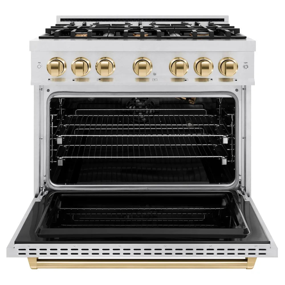 ZLINE Autograph Edition Classic 36-inch range in satin stainless steel and polished gold accents CGRSZ-36-G, front view