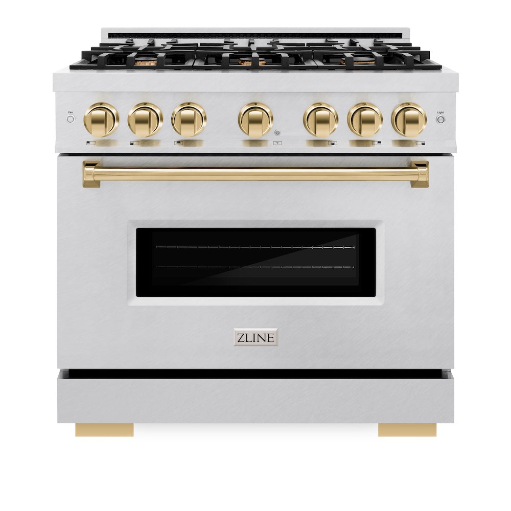 ZLINE Autograph Edition Classic 36-inch range in satin stainless steel and polished gold accents CGRSZ-36-G, front view