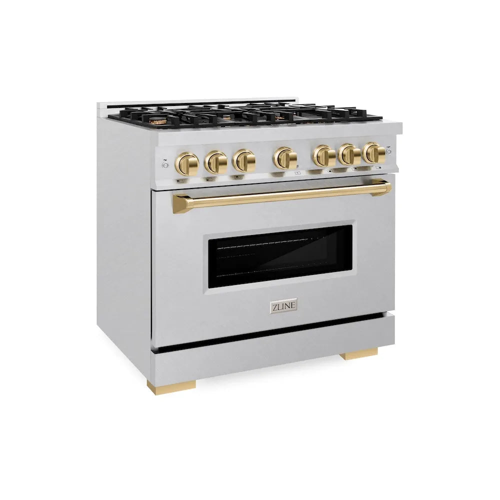 ZLINE Autograph Edition Classic 36-inch range in satin stainless steel and polished gold accents CGRSZ-36-G
