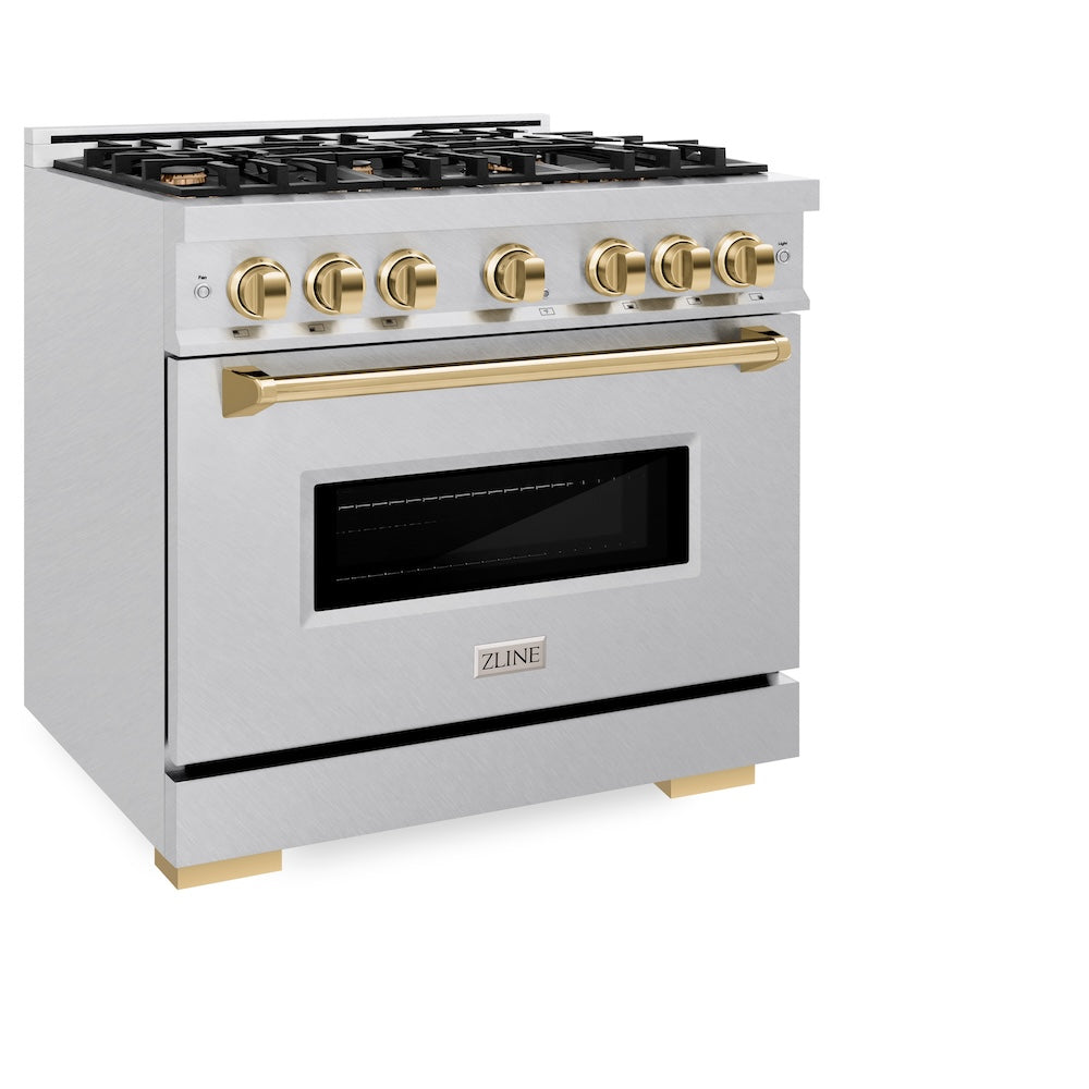 ZLINE Autograph Edition Classic 36-inch range in satin stainless steel and polished gold accents CGRSZ-36-G, view 5