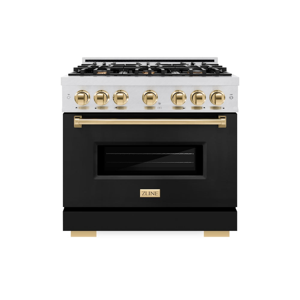 ZLINE Autograph Edition Classic 36-inch range in satin stainless steel with black matte door and polished gold accents CGRSZ-BLM-36-G, front view