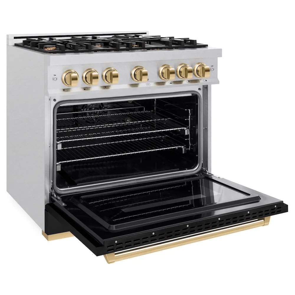 ZLINE Autograph Edition Classic 36-inch range in satin stainless steel with black matte door and polished gold accents CGRSZ-BLM-36-G, door open