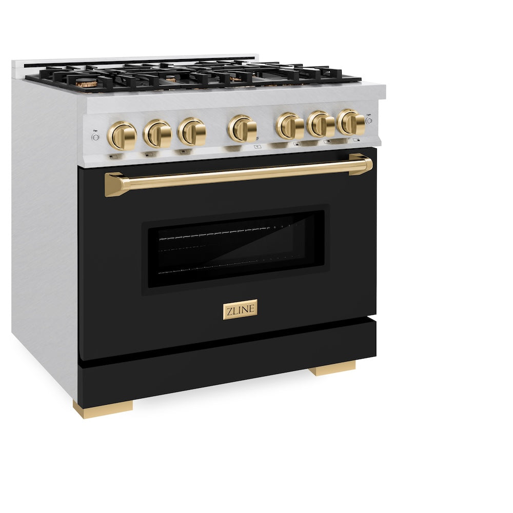 ZLINE Autograph Edition Classic 36-inch range in satin stainless steel with black matte door and polished gold accents CGRSZ-BLM-36-G, view 5