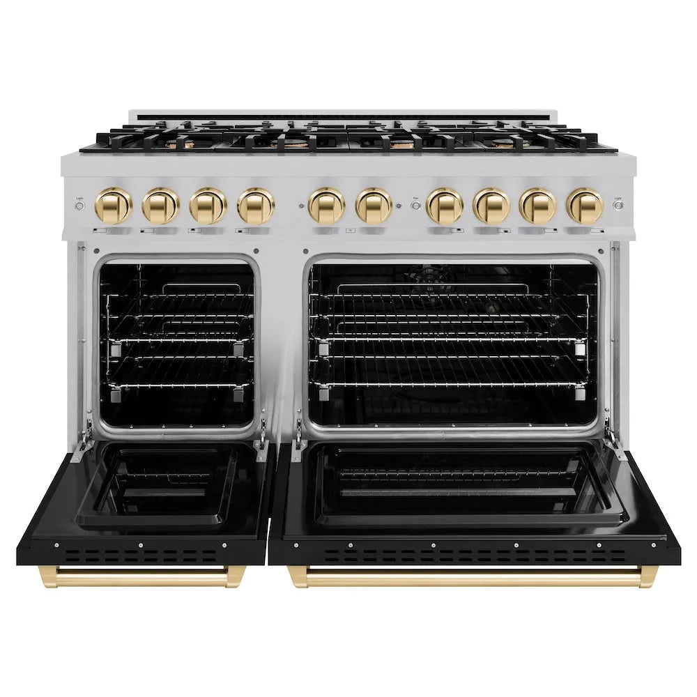 ZLINE Autograph Edition Classic 48-inch range in satin stainless steel with black matte door and polished gold accents CGRSZ-BLM-48-G, front view