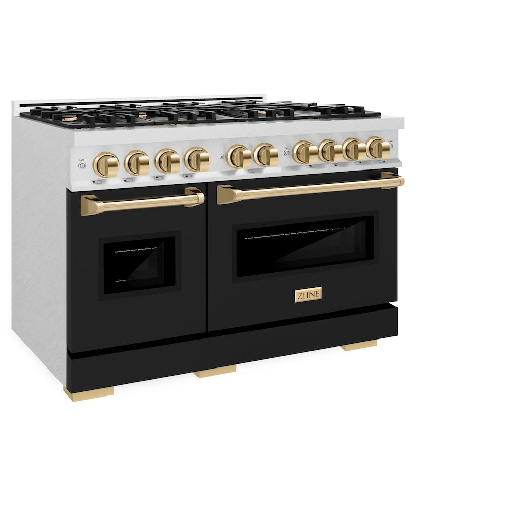 ZLINE Autograph Edition Classic 48-inch range in satin stainless steel with black matte door and polished gold accents CGRSZ-BLM-48-G, view 5