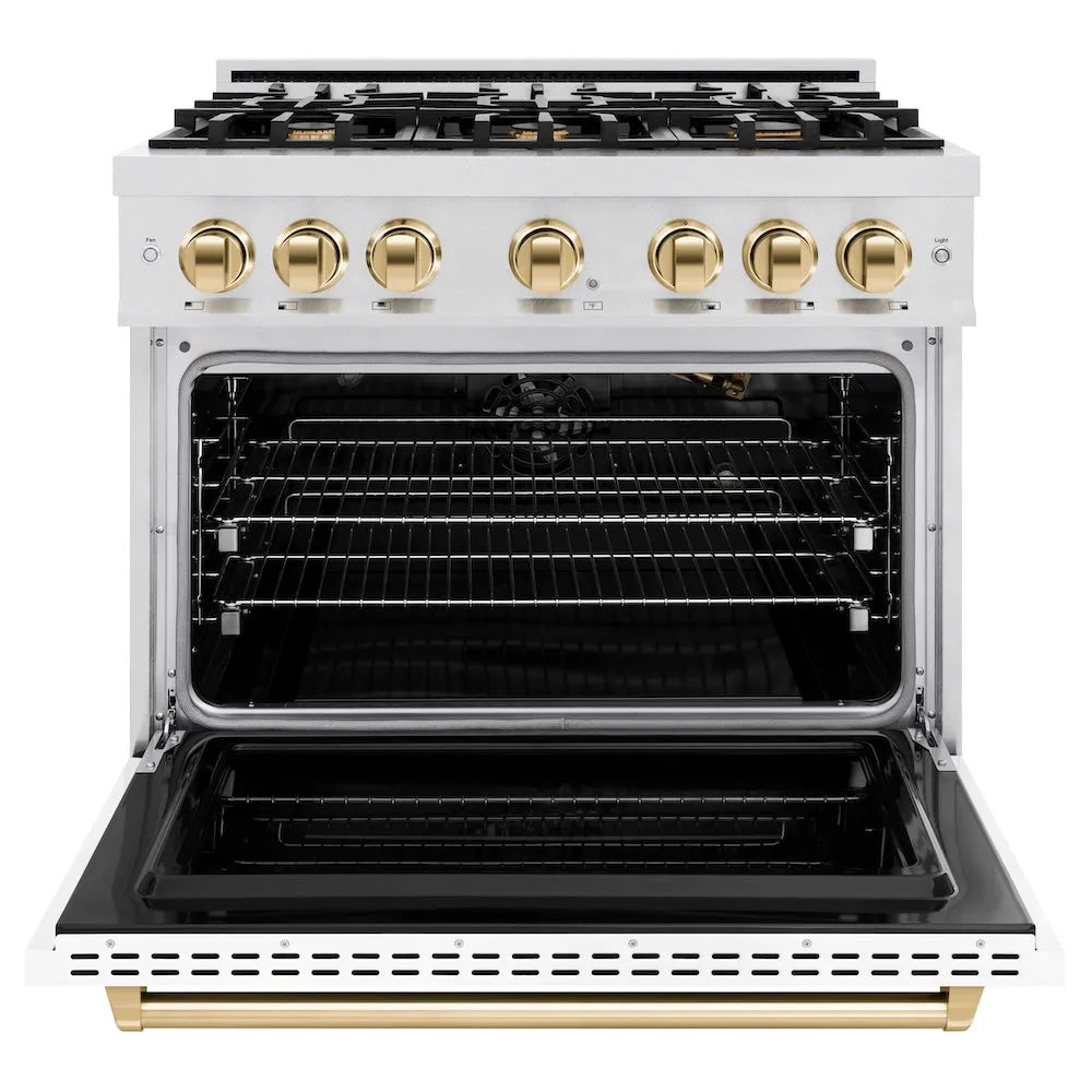 ZLINE Autograph Edition Classic 36-inch range in satin stainless steel with white matte door and polished gold accents CGRSZ-WM-36-G, front view