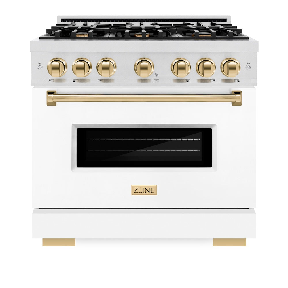 ZLINE Autograph Edition Classic 36-inch range in satin stainless steel with white matte door and polished gold accents CGRSZ-WM-36-G, front view
