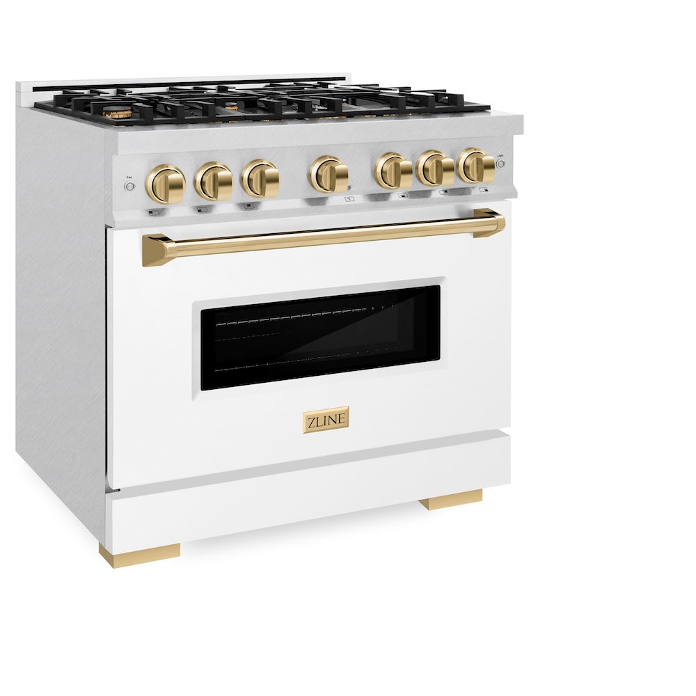 ZLINE Autograph Edition Classic 36-inch range in satin stainless steel with white matte door and polished gold accents CGRSZ-WM-36-G, view 5