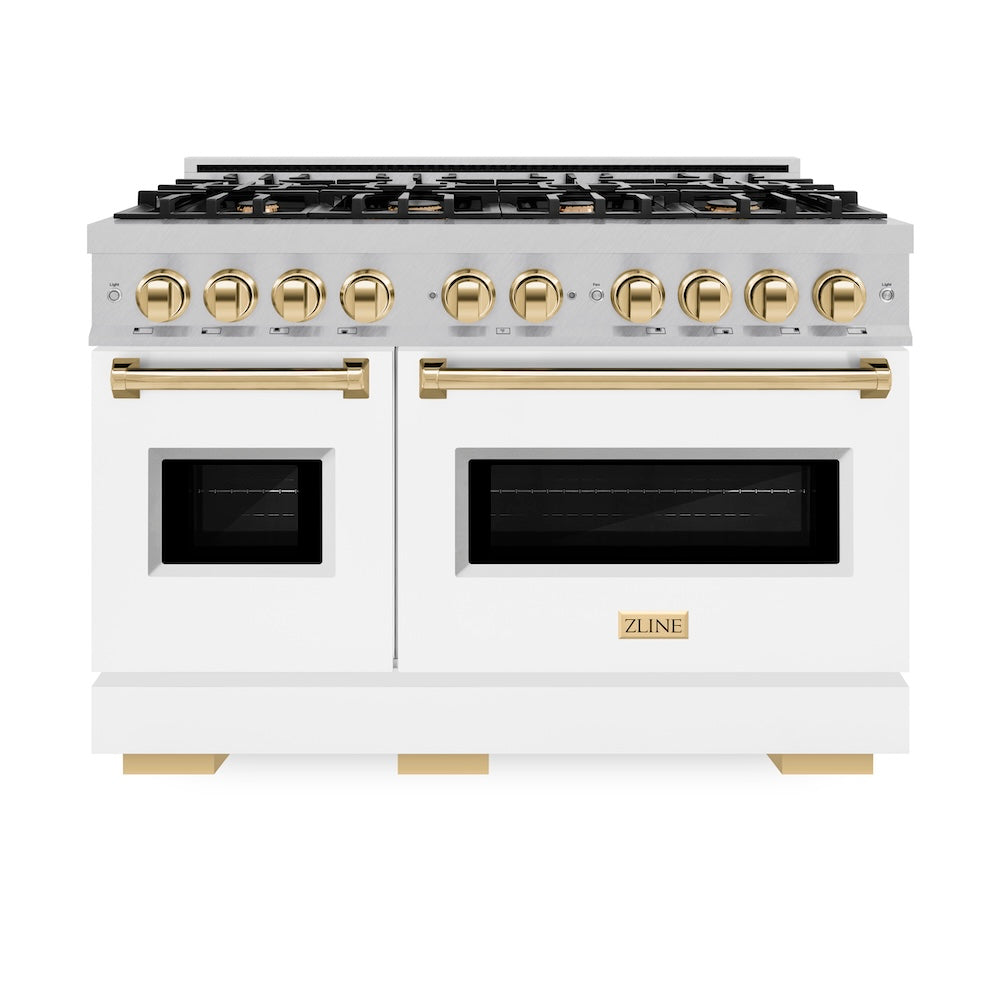 ZLINE Autograph Edition Classic 48-inch range in satin stainless steel with white matte door and polished gold accents CGRSZ-WM-48-G, front view