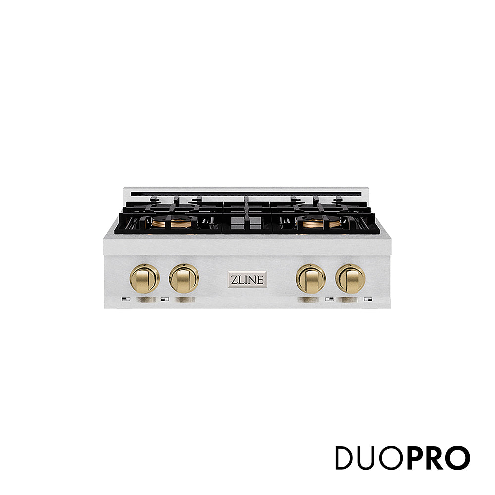 ZLINE Autograph Edition Classic 30-inch rangetop in satin stainless steel and champagne bronze accents PCRTSZ-30-CB