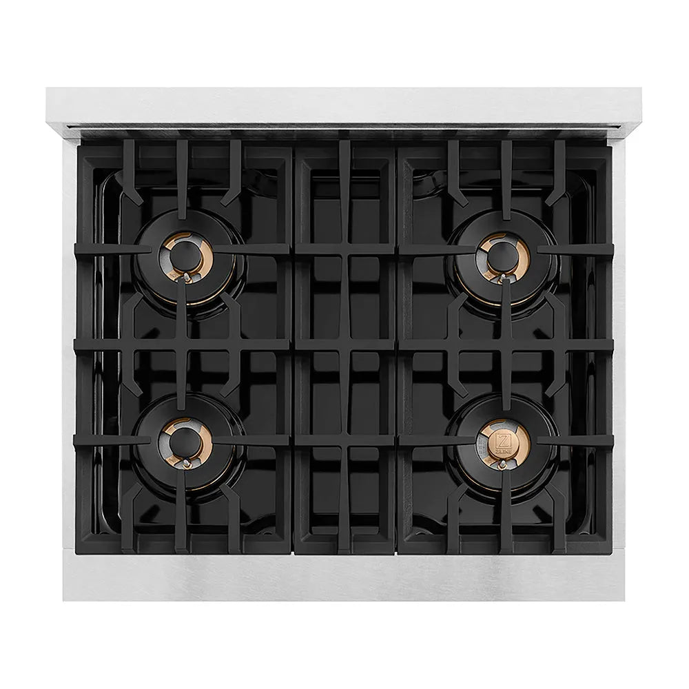 ZLINE Autograph Edition Classic 30-inch rangetop in satin stainless steel and polished gold accents PCRTSZ-30-G, from above